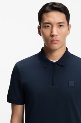 Stretch-cotton slim-fit polo shirt with logo patch, Light Blue