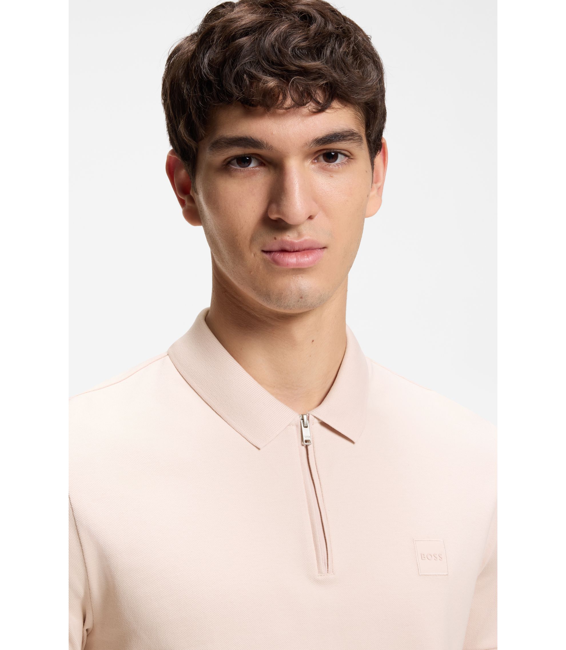 BOSS - Stretch-cotton slim-fit polo shirt with logo patch - light pink