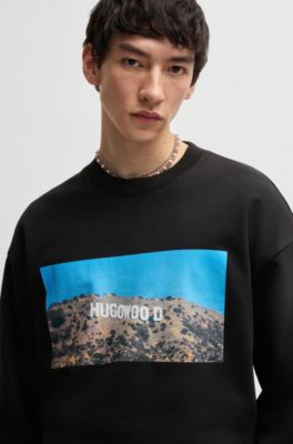 Sudadera de felpa de algod&oacute;n con estampado &ldquo;Hugowood&rdquo;, Negro