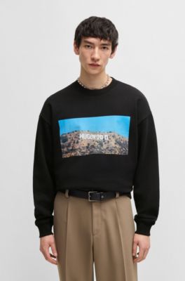 Cotton-terry sweatshirt with 'Hugowood' print, Black