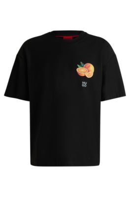 【送料&関税込】Hugo Boss Cotton T-shirt HUGO - Cotton-jersey T-shirt with orange prints - Black