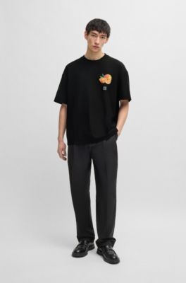Cotton-jersey T-shirt with orange prints, Black
