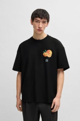 Cotton-jersey T-shirt with orange prints, Black
