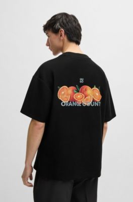 Cotton-jersey T-shirt with orange prints, Black