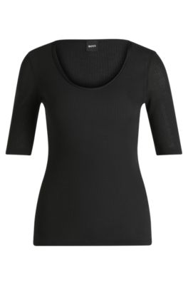 売れ筋商品|||ヒューゴボス カットソー トップス レディース Women's Ribbed Scoop Neck T-Shirt Black ヒューゴボス レディース カットソー トップス Women's Ribbed