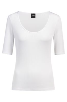 Camiseta con escote redondeado en tejido el&aacute;stico acanalado, Blanco