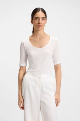 Scoop-neck T-shirt in ribbed stretch fabric, White