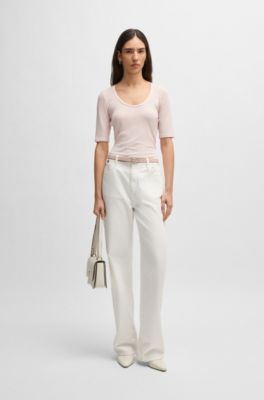 Camiseta con escote redondeado en tejido el&aacute;stico acanalado, Rosa claro