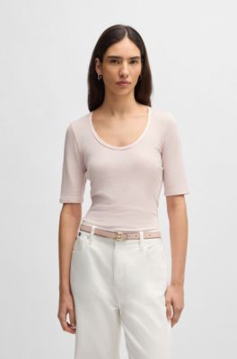Scoop-neck T-shirt in ribbed stretch fabric, light pink