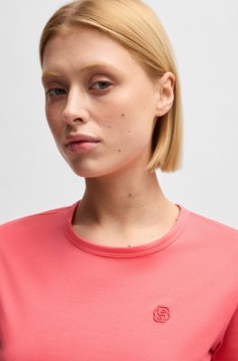 Mercerized-cotton T-shirt with logo motif, Dark pink