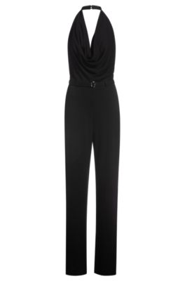 Mono de punto de crep&eacute; con cintur&oacute;n con logo en la hebilla, Negro