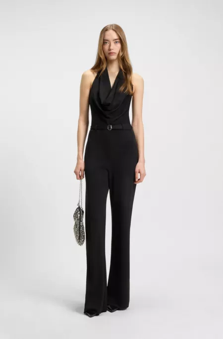 Crepe-jersey jumpsuit with logo-buckle belt