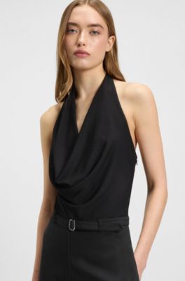 Mono de punto de crep&eacute; con cintur&oacute;n con logo en la hebilla, Negro