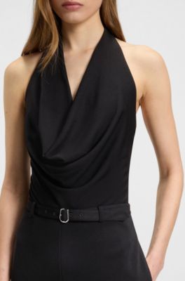 Mono de punto de crep&eacute; con cintur&oacute;n con logo en la hebilla, Negro