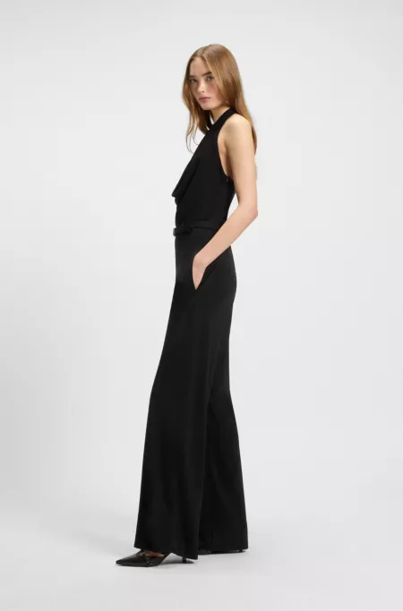 Crepe-jersey jumpsuit with logo-buckle belt