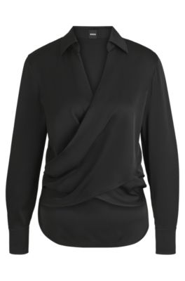 Wrap-front blouse in stretch silk, Black
