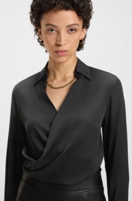 Wrap-front blouse in stretch silk, Black