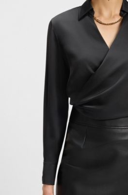 Wrap-front blouse in stretch silk, Black
