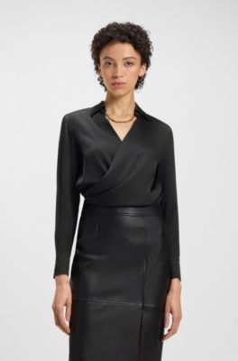 Wrap-front blouse in stretch silk, Black