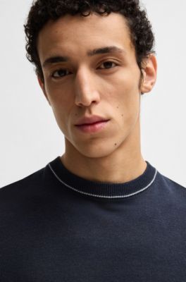 Linen-blend sweatshirt with tipping, Dark Blue