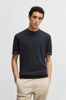 Linen-blend sweatshirt with tipping, Dark Blue