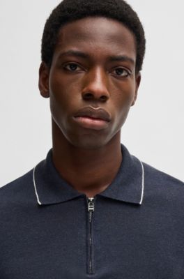 Linen-blend sweater with zip placket, Dark Blue