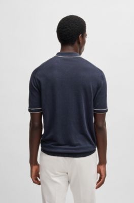 Linen-blend sweater with zip placket, Dark Blue