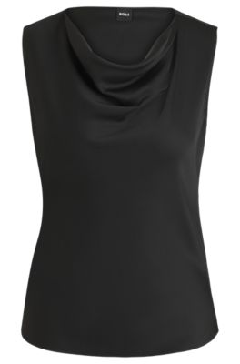 Sleeveless cowl-neck blouse in stretch silk, Black