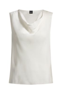 Sleeveless cowl-neck blouse in stretch silk, White