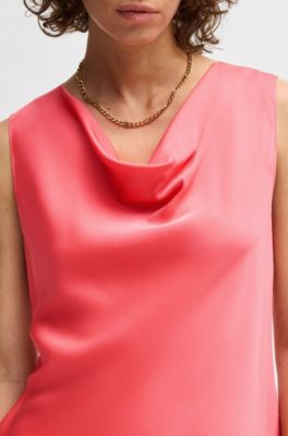 Sleeveless cowl-neck blouse in stretch silk, Dark pink