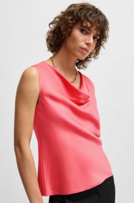 Sleeveless cowl-neck blouse in stretch silk, Dark pink