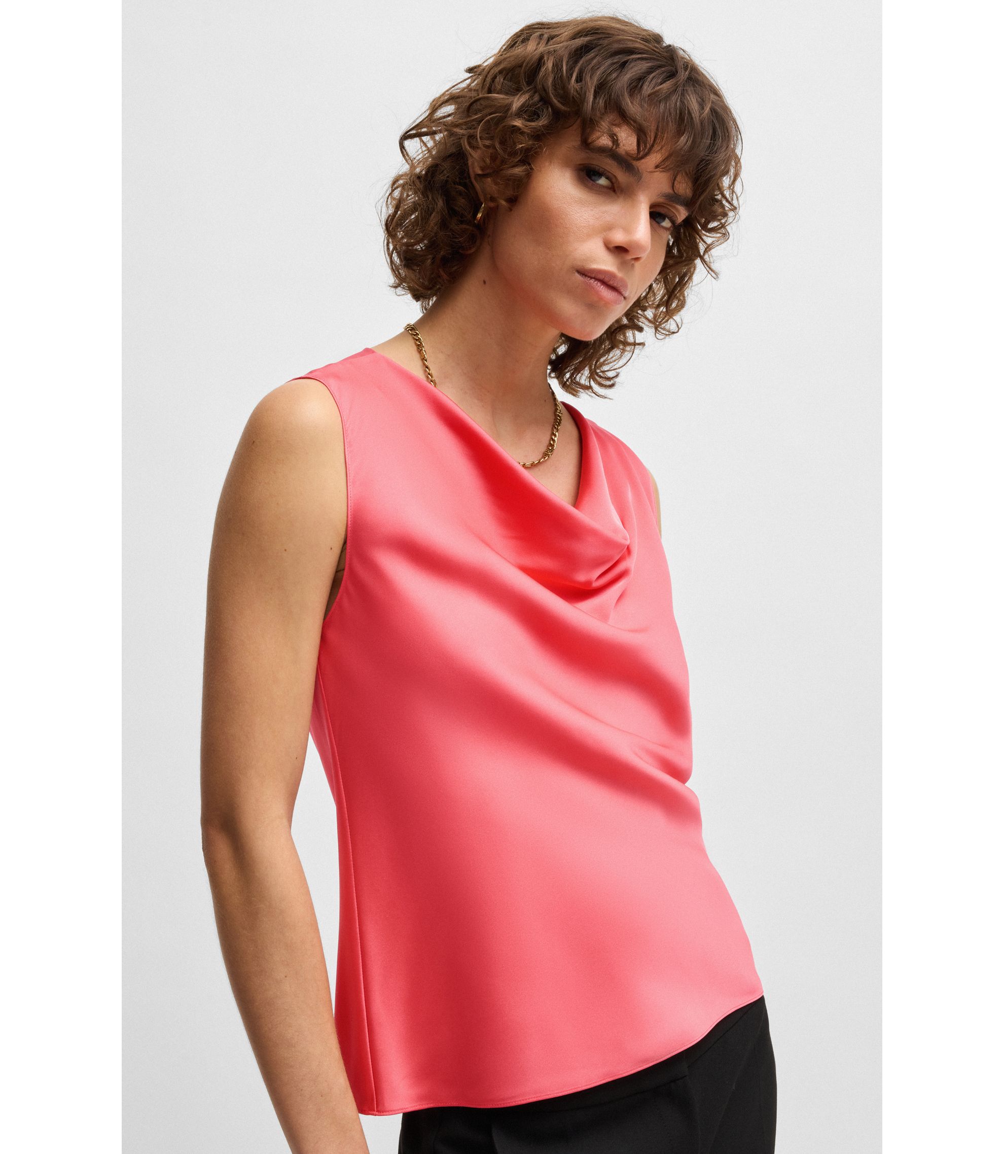 トップス KAVAL Round neck blouse BOSS - Sleeveless cowl-neck blouse in stretch silk - Dark pink