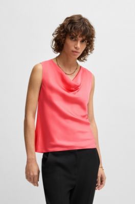 Sleeveless cowl-neck blouse in stretch silk, Dark pink