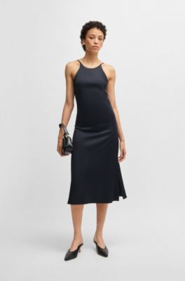 Vestido de sarga con cuello alto, Azul oscuro