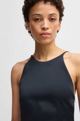 Robe en twill &agrave; encolure montante, Bleu fonc&eacute;