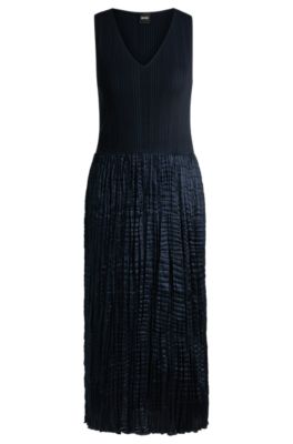 Knitted dress with lustrous structured skirt, Dark Blue