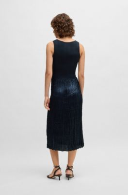 Knitted dress with lustrous structured skirt, Dark Blue