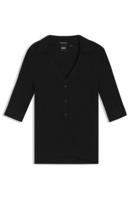 Virgin-wool sweater with collar and buttoned placket, Black