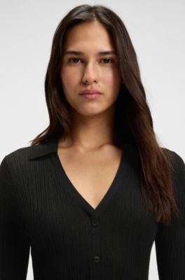 Virgin-wool sweater with collar and buttoned placket, Black