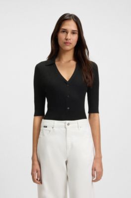 Virgin-wool sweater with collar and buttoned placket, Black