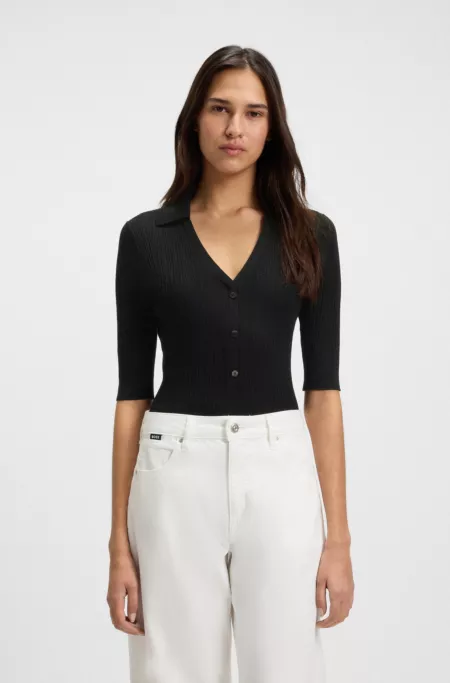 Virgin-wool sweater with collar and buttoned placket