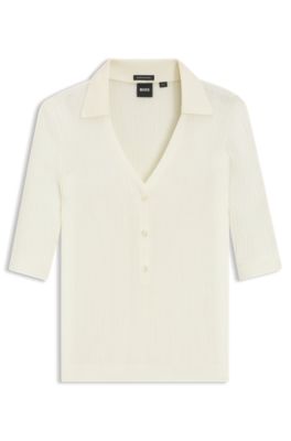 Virgin-wool sweater with collar and buttoned placket, White