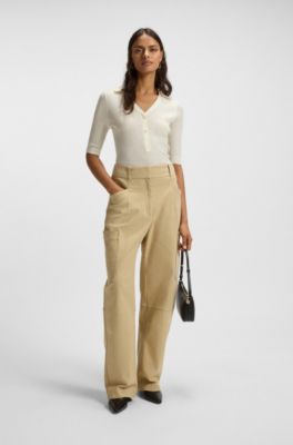 Virgin-wool sweater with collar and buttoned placket, White