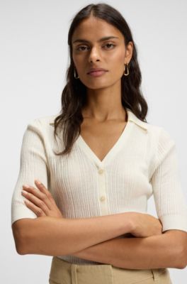 Virgin-wool sweater with collar and buttoned placket, White