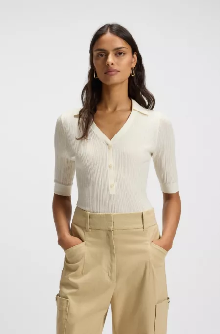 Virgin-wool sweater with collar and buttoned placket