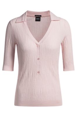 Virgin-wool sweater with collar and buttoned placket, light pink