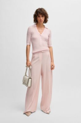 Virgin-wool sweater with collar and buttoned placket, light pink