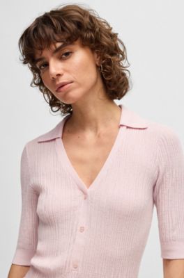 Virgin-wool sweater with collar and buttoned placket, light pink