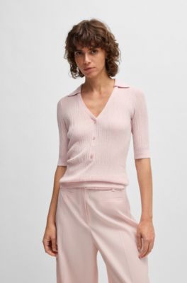 Virgin-wool sweater with collar and buttoned placket, light pink