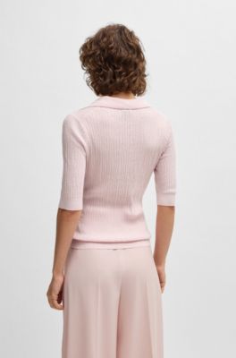 Virgin-wool sweater with collar and buttoned placket, light pink